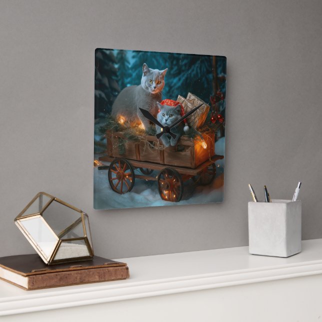 Russian Blue Cat Snowy Sleigh Christmas Decor Square Wall Clock (Office)