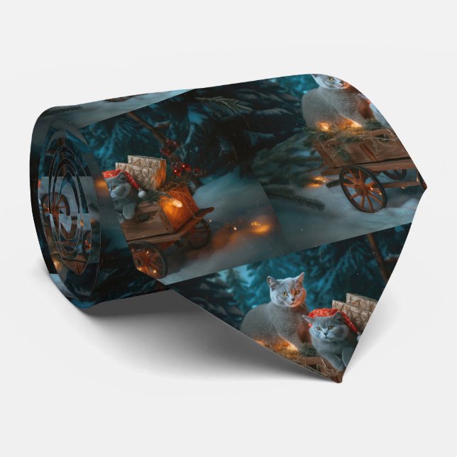 Russian Blue Cat Snowy Sleigh Christmas Decor Tie (Rolled)