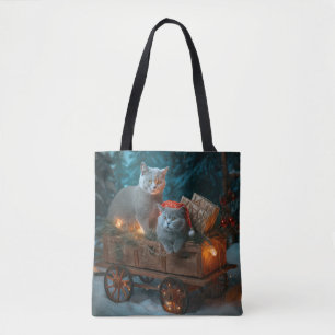 Russian Blue Cat Snowy Sleigh Christmas Decor Tote Bag