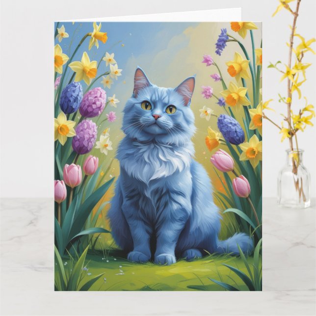 Russian Blue Cat Spring Flowers Painting  Card (Yellow Flower)