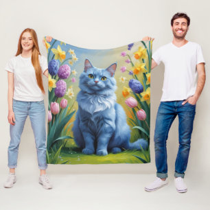 Russian Blue Cat Spring Flowers Painting Fleece Blanket