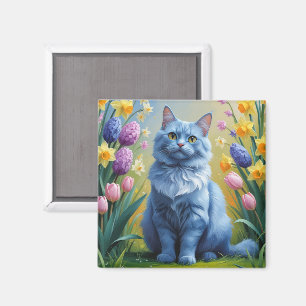 Russian Blue Cat Spring Flowers Painting Magnet