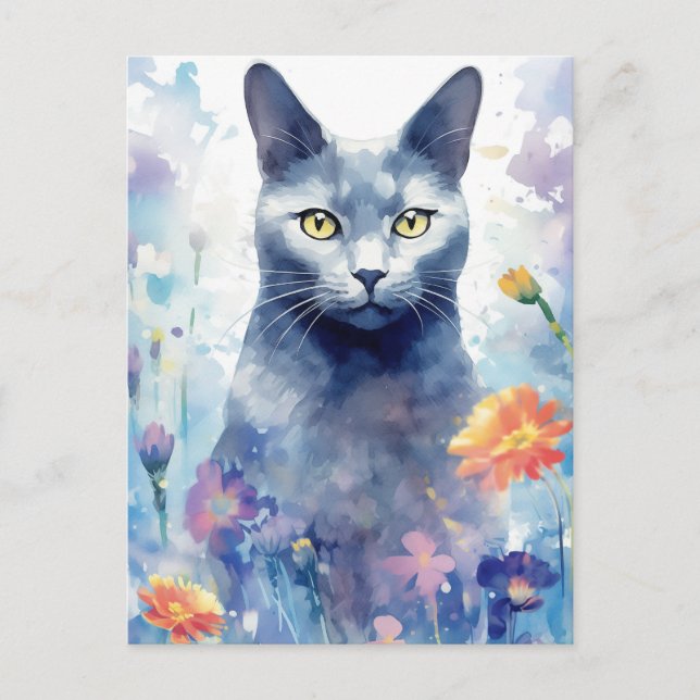 Russian Blue Cat watercolor art Postcard (Front)