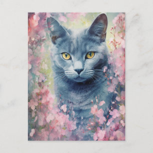 Russian Blue Cat watercolor flowers  Postcard