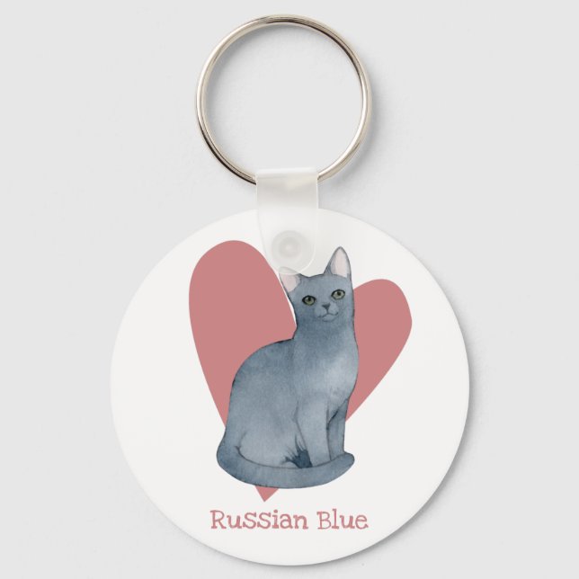 Russian Blue Cat Watercolor Kitty Pink Heart Key Ring (Front)