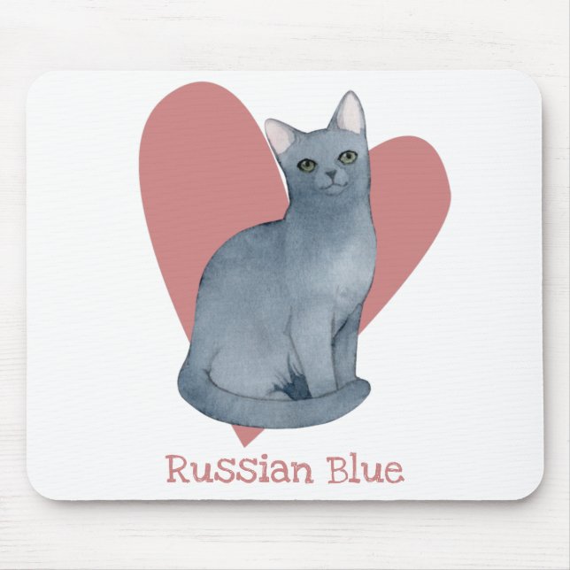 Russian Blue Cat Watercolor Kitty Pink Heart Mouse Pad (Front)