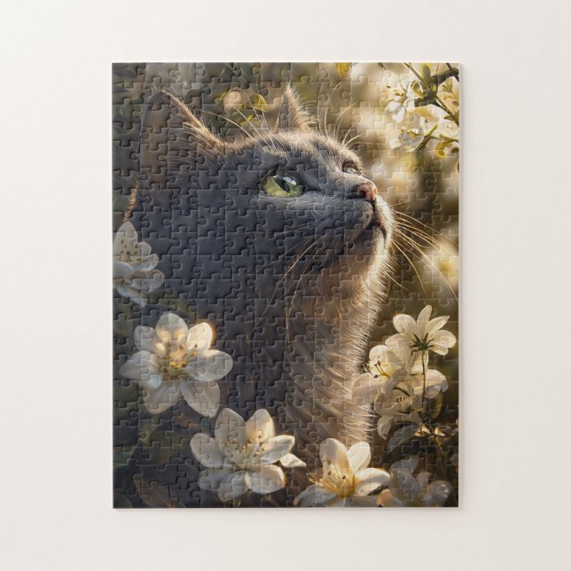 Russian Blue Cat White Flowers Jigsaw Puzzle (Vertical)