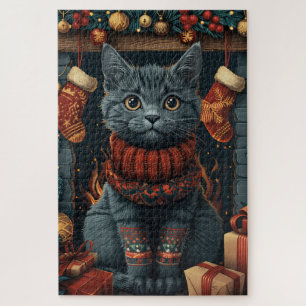 Russian Blue Cat With Christmas Gifts Fireplace Jigsaw Puzzle