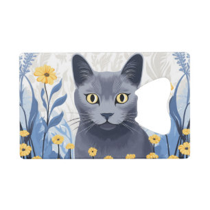 Russian Blue Cat Yellow Flowers