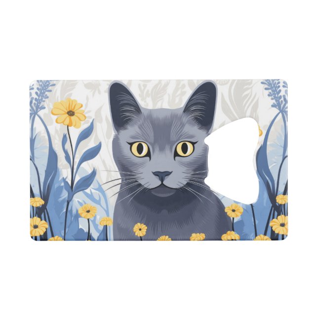 Russian Blue Cat Yellow Flowers (Front (Horizontal))