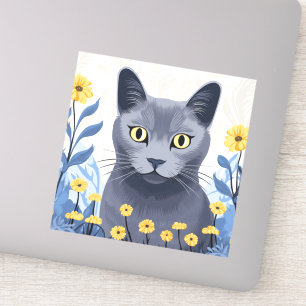 Russian Blue Cat Yellow Flowers
