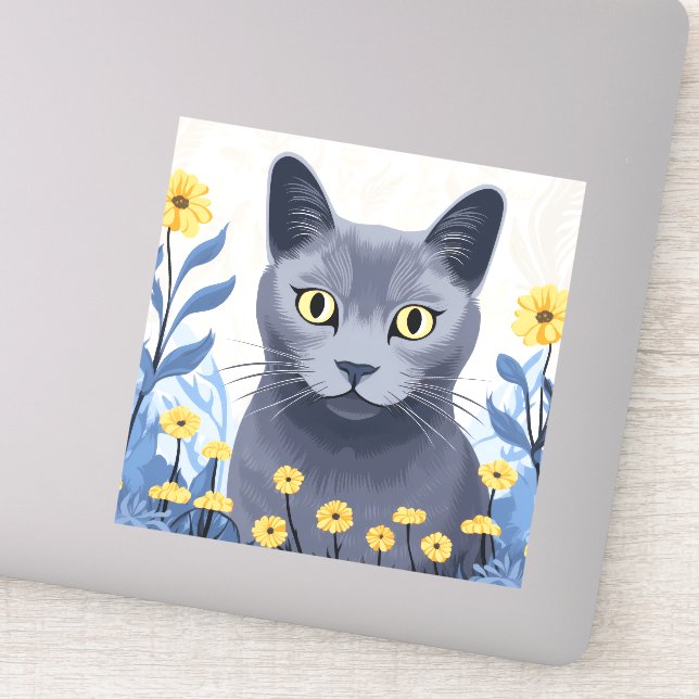 Russian Blue Cat Yellow Flowers (Detail)