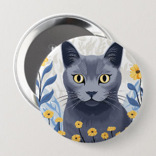 Russian Blue Cat Yellow Flowers 10 Cm Round Badge