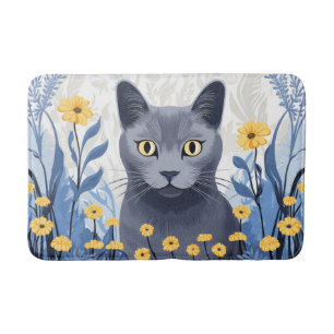 Russian Blue Cat Yellow Flowers Bath Mat