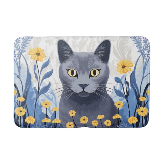 Russian Blue Cat Yellow Flowers Bath Mat (Front)