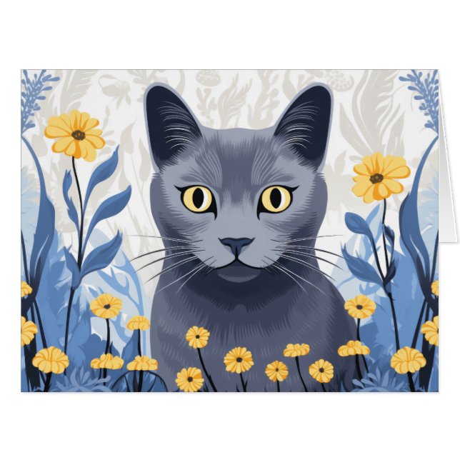 Russian Blue Cat Yellow Flowers Big Card (Front Horizontal)