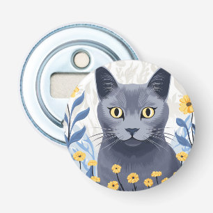 Russian Blue Cat Yellow Flowers Bottle Opener