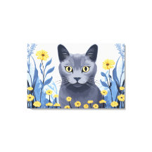 Russian Blue Cat Yellow Flowers