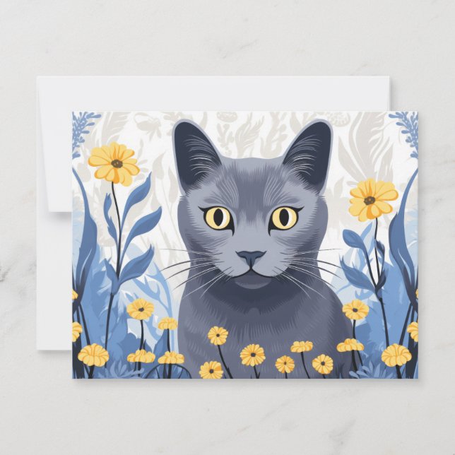 Russian Blue Cat Yellow Flowers Card (Front)