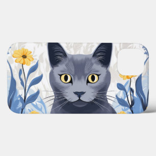 Russian Blue Cat Yellow Flowers iPhone 13 Case