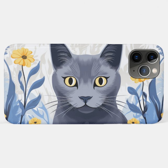 Russian Blue Cat Yellow Flowers Case-Mate iPhone Case (Back (Horizontal))