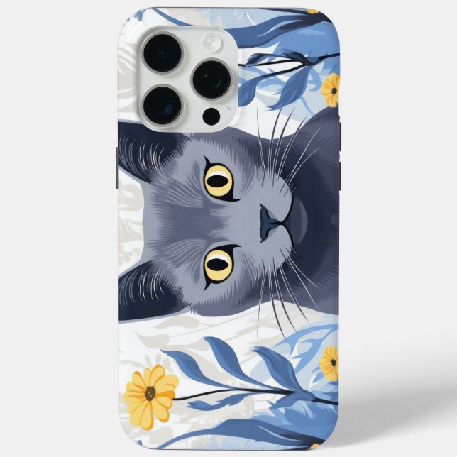 Russian Blue Cat Yellow Flowers Case-Mate iPhone Case (Back)
