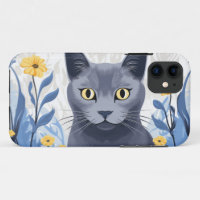 Russian Blue Cat Yellow Flowers