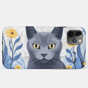 Russian Blue Cat Yellow Flowers Case-Mate iPhone Case