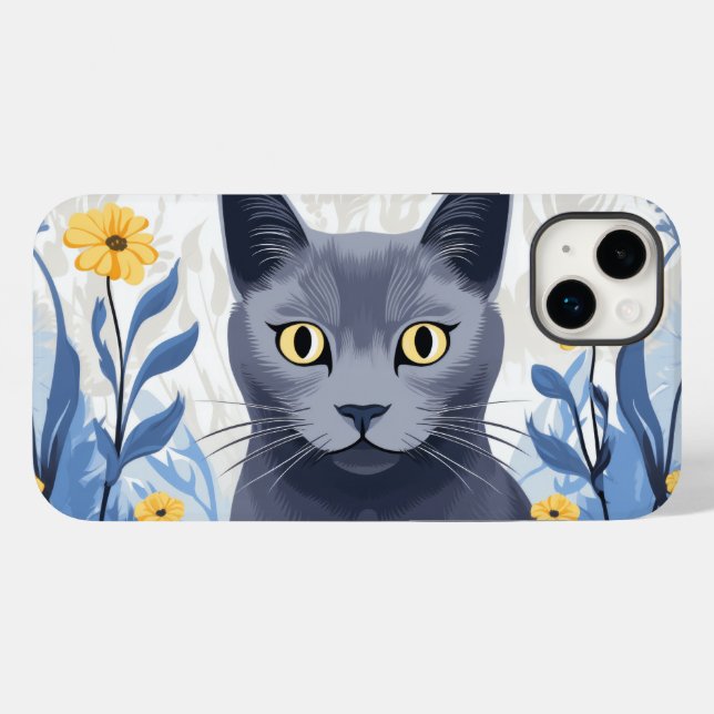 Russian Blue Cat Yellow Flowers Case-Mate iPhone Case (Back (Horizontal))
