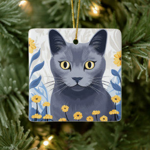 Russian Blue Cat Yellow Flowers Ceramic Ornament