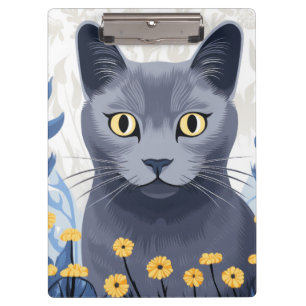 Russian Blue Cat Yellow Flowers Clipboard