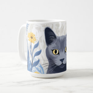 Russian Blue Cat Yellow Flowers Coffee Mug