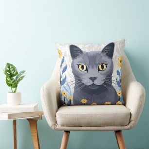 Russian Blue Cat Yellow Flowers Cushion