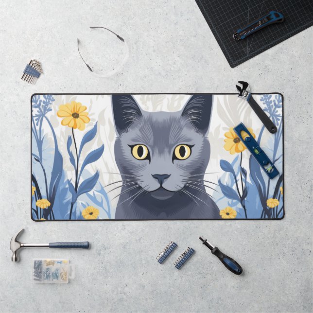 Russian Blue Cat Yellow Flowers Desk Mat (Workstation)