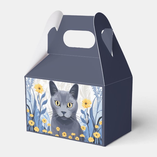 Russian Blue Cat Yellow Flowers Favour Box (Front Side)