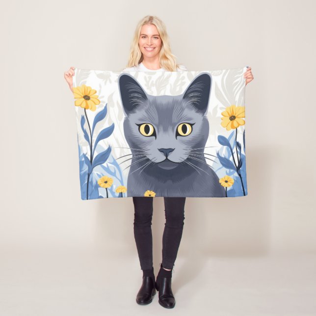 Russian Blue Cat Yellow Flowers Fleece Blanket (In Situ)