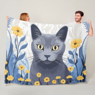 Russian Blue Cat Yellow Flowers Fleece Blanket