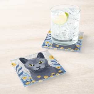Russian Blue Cat Yellow Flowers Glass Coaster