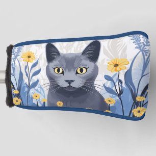 Russian Blue Cat Yellow Flowers Golf Head Cover