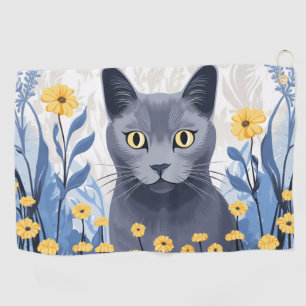 Russian Blue Cat Yellow Flowers Golf Towel