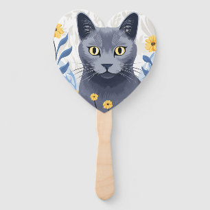 Russian Blue Cat Yellow Flowers Hand Fan