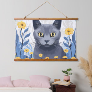 Russian Blue Cat Yellow Flowers Hanging Tapestry