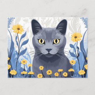 Russian Blue Cat Yellow Flowers Holiday Postcard