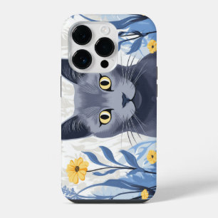 Russian Blue Cat Yellow Flowers iPhone 14 Pro Case