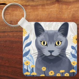 Russian Blue Cat Yellow Flowers Key Ring