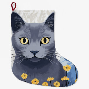 Russian Blue Cat Yellow Flowers Large Christmas Stocking
