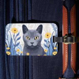 Russian Blue Cat Yellow Flowers Luggage Tag
