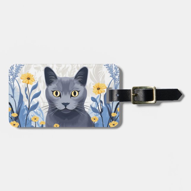 Russian Blue Cat Yellow Flowers Luggage Tag (Front Horizontal)