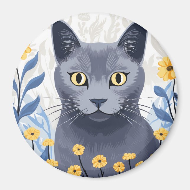 Russian Blue Cat Yellow Flowers Magnet (Front)