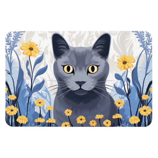 Russian Blue Cat Yellow Flowers Magnet (Horizontal)